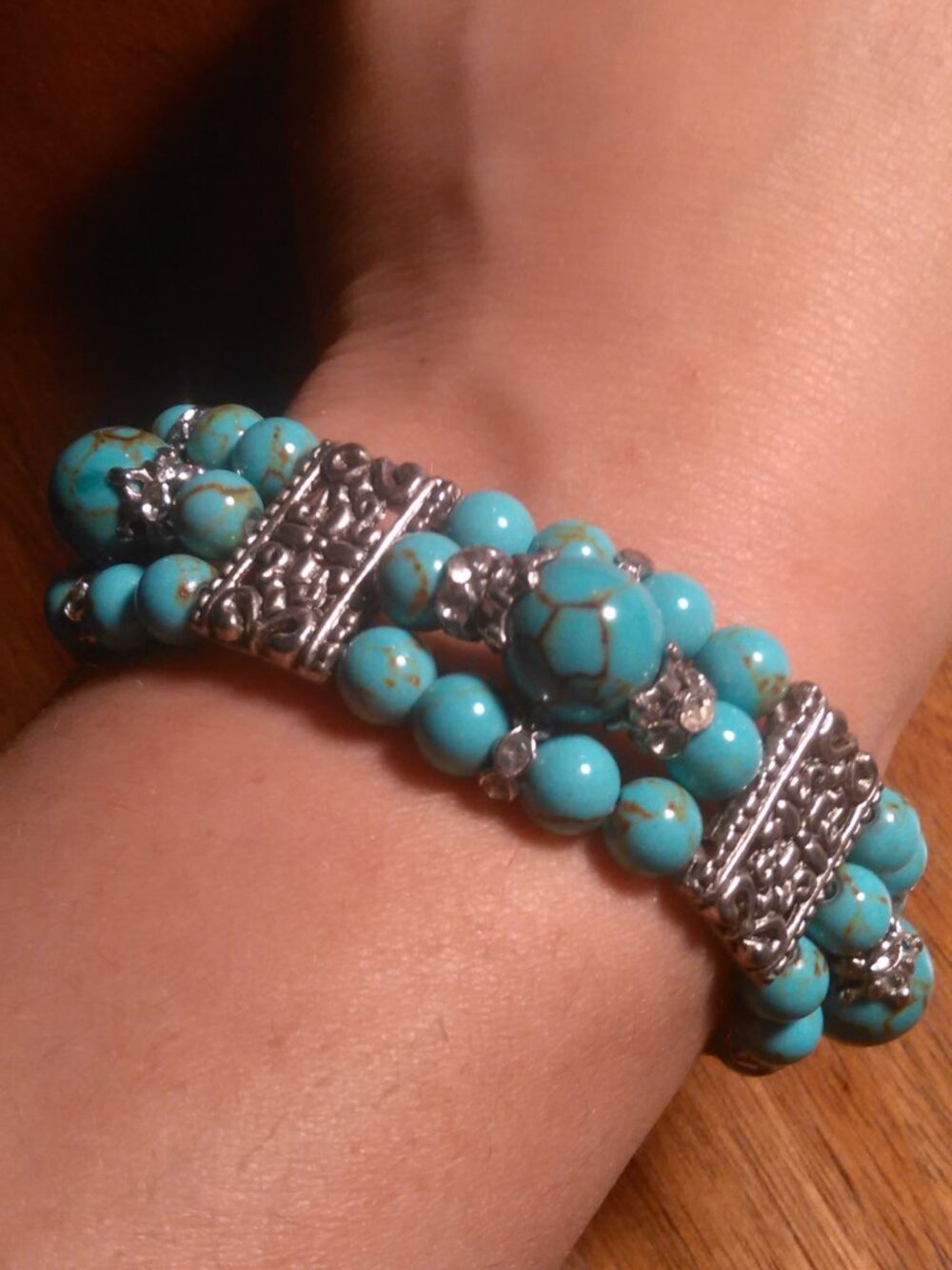 Blue Howlite Three Row Beaded Silvertone Stretch Bracelet
